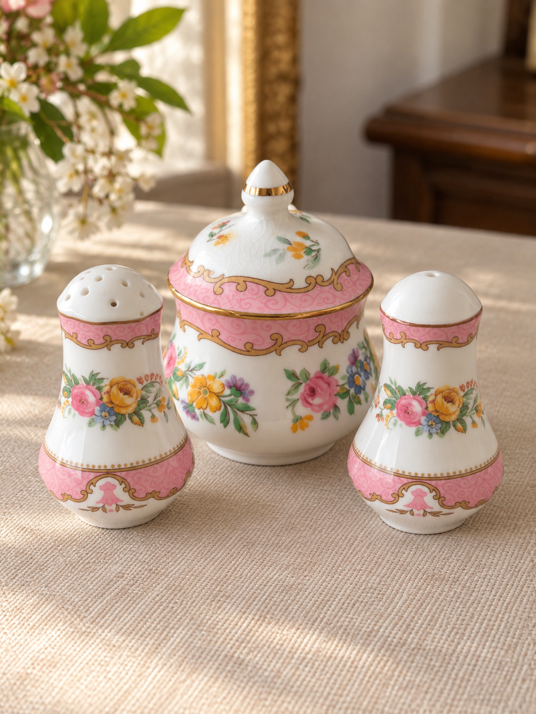 Set vintage Crown Staffordshire patrón Tunis de Fine Bone China inglesa, compuesto por azucarero con tapa, salero y pimentero con decoración floral rosa y detalles dorados.