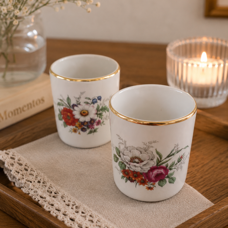 Vista frontal en ángulo de dos mini pocillos cilíndricos de cerámica fina inglesa de la marca Braunton Studio Ceramics sobre un fondo beige. Cada pocillo blanco de 5 cm de alto muestra un delicado ramo de flores silvestres amarillas, rojas y moradas en el centro y un borde superior cubierto por un fino y brillante hilo dorado.