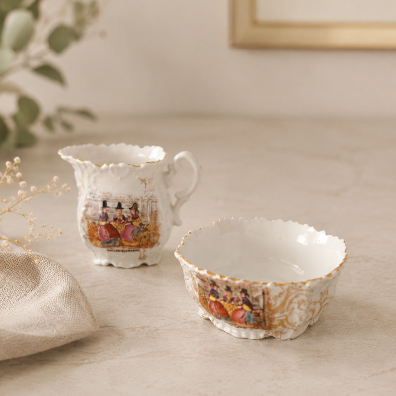 Vista frontal de tres cuartos de un conjunto de servicio de té de porcelana fina blanca con el motivo "Welsh Tea Party" sobre un paño beige. En el fondo a la izquierda se aprecia un mini lechero de 6 cm con asa curvada, y en primer plano a la derecha, un terronero abierto redondo de 8x3 cm. Ambas piezas lucen bordes festoneados finamente ornamentados y la clásica ilustración folclórica de las damas galesas.