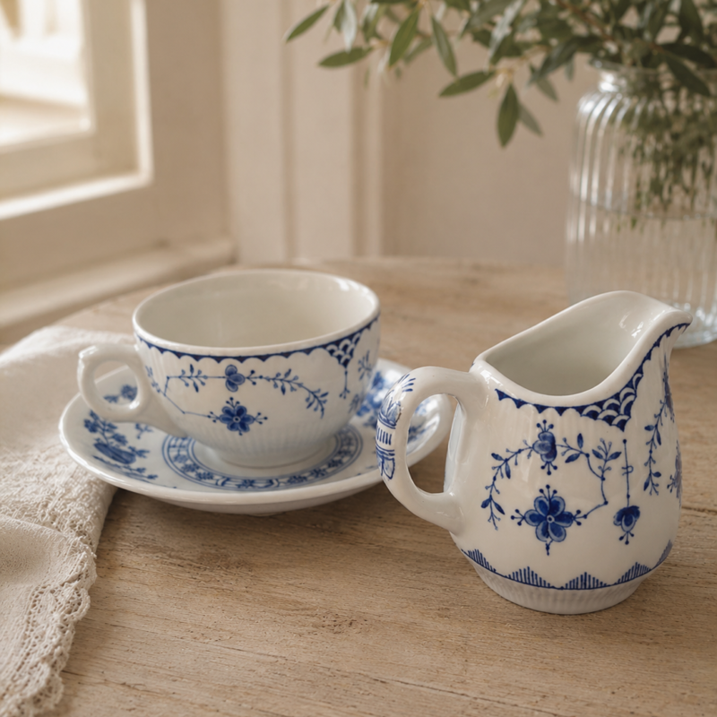 Vista frontal de tres cuartos de un conjunto de servicio de té de loza fina azul y blanca sobre un fondo beige. En el fondo a la izquierda se aprecia un dúo de taza y plato acanalados con un patrón de encaje y flores en azul cobalto estilo nórdico, y en primer plano a la derecha, una jarrita lechera de 8 cm a juego con el mismo diseño.