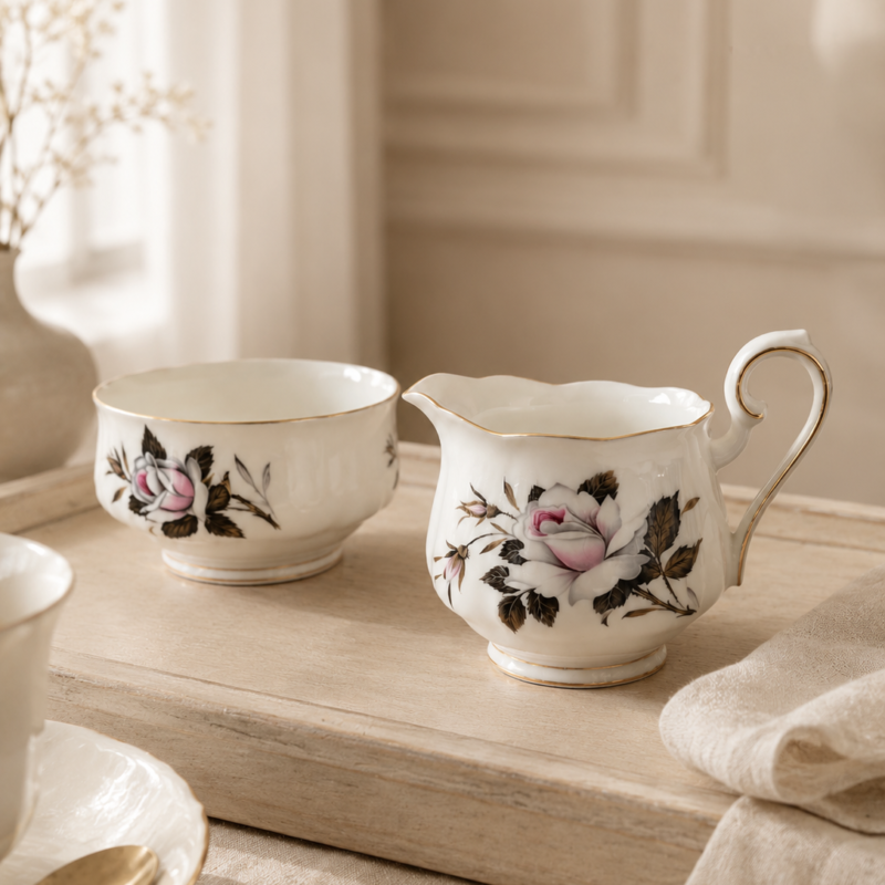 Vista frontal de un set de té de porcelana fina inglesa Royal Albert modelo Queen's Messenger sobre un fondo beige. A la izquierda se observa un terronero abierto redondo y a la derecha una jarrita lechera con un asa curva decorada en oro. Ambos son blancos con una delicada rosa rosa y hojas grises pintadas al frente y finos filos dorados en sus bordes ondulados.