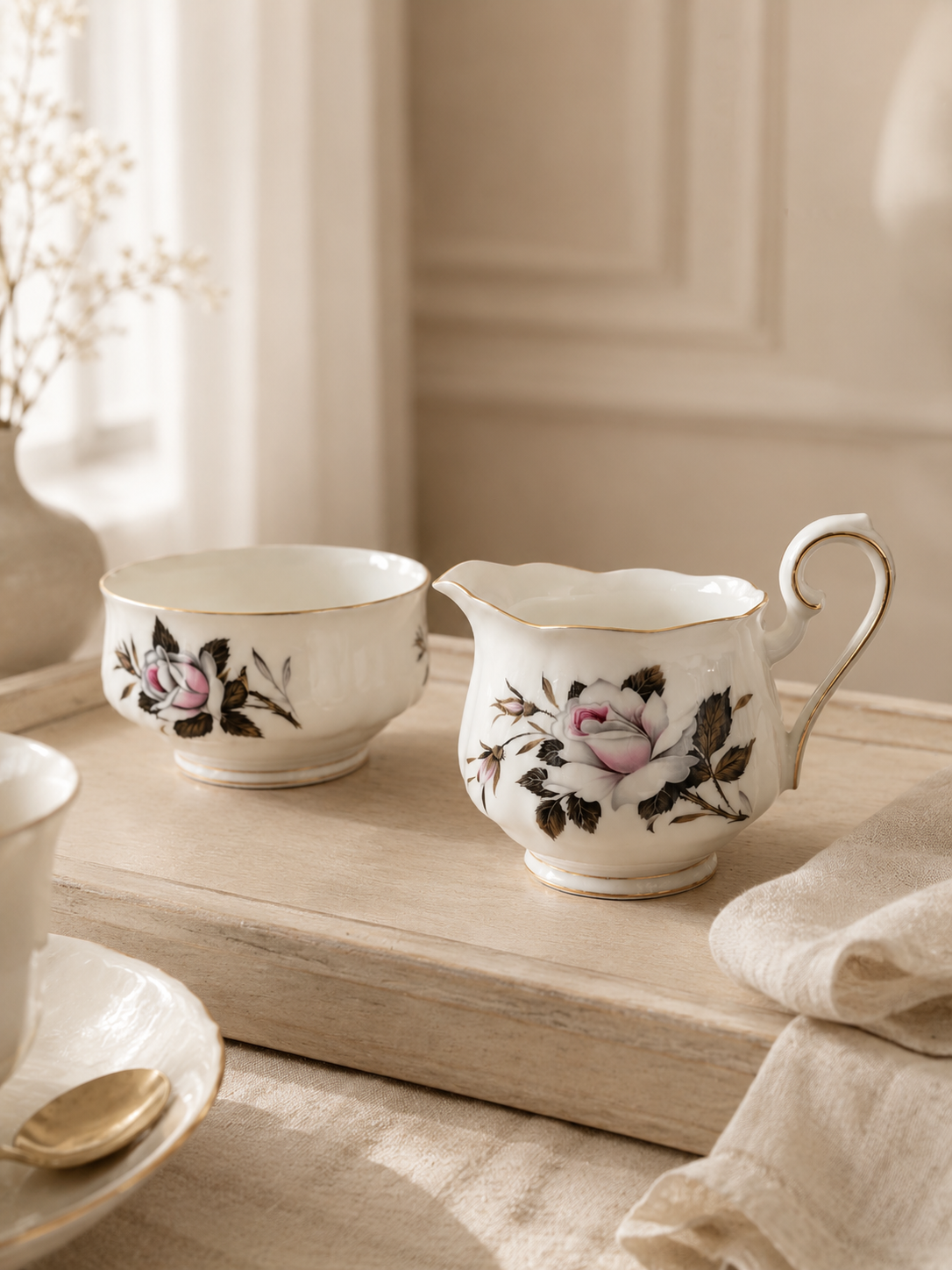 Vista frontal de un set de té de porcelana fina inglesa Royal Albert modelo Queen's Messenger sobre un fondo beige. A la izquierda se observa un terronero abierto redondo y a la derecha una jarrita lechera con un asa curva decorada en oro. Ambos son blancos con una delicada rosa rosa y hojas grises pintadas al frente y finos filos dorados en sus bordes ondulados.