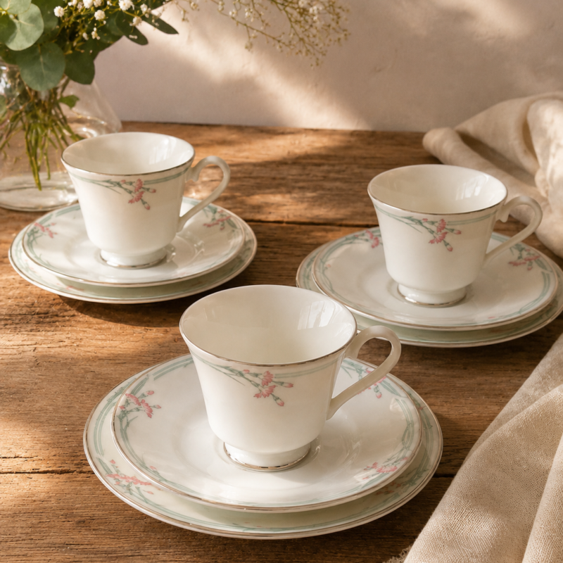 Composición en perspectiva de tres tríos de té de porcelana fina blanca Royal Doulton modelo Carnation. En primer plano se aprecia un trío completo con su taza, platillo y plato plano con guirnaldas suaves grisáceas y flores rosadas, mientras los otros dos tríos complementarios se observan de fondo simétricamente ordenados sobre una superficie textil beige.