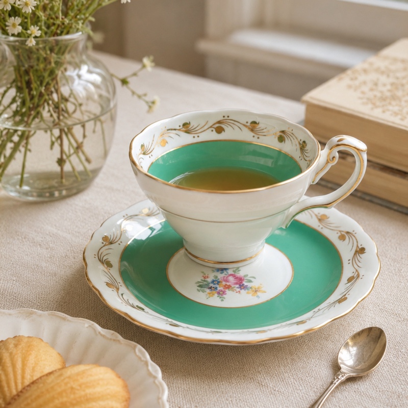 Dúo de té Foley Bone China inglés vintage en porcelana fina, color verde jade con detalles dorados y centro floral, fabricado por E. Brain & Co. Ltd. en Inglaterra, circa 1950, excelente estado.
