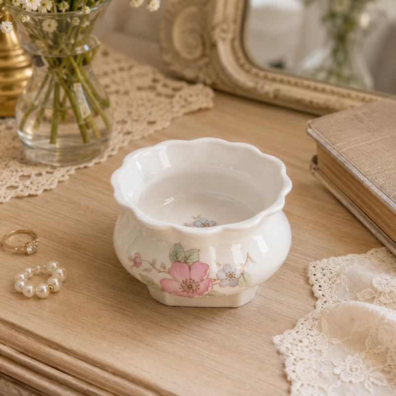 Joyero pequeño Ashley Down Fine Bone China de porcelana inglesa vintage con borde festoneado y decoración floral en tonos pastel, presenta craquelado superficial propio de su antigüedad, excelente estado estructural.