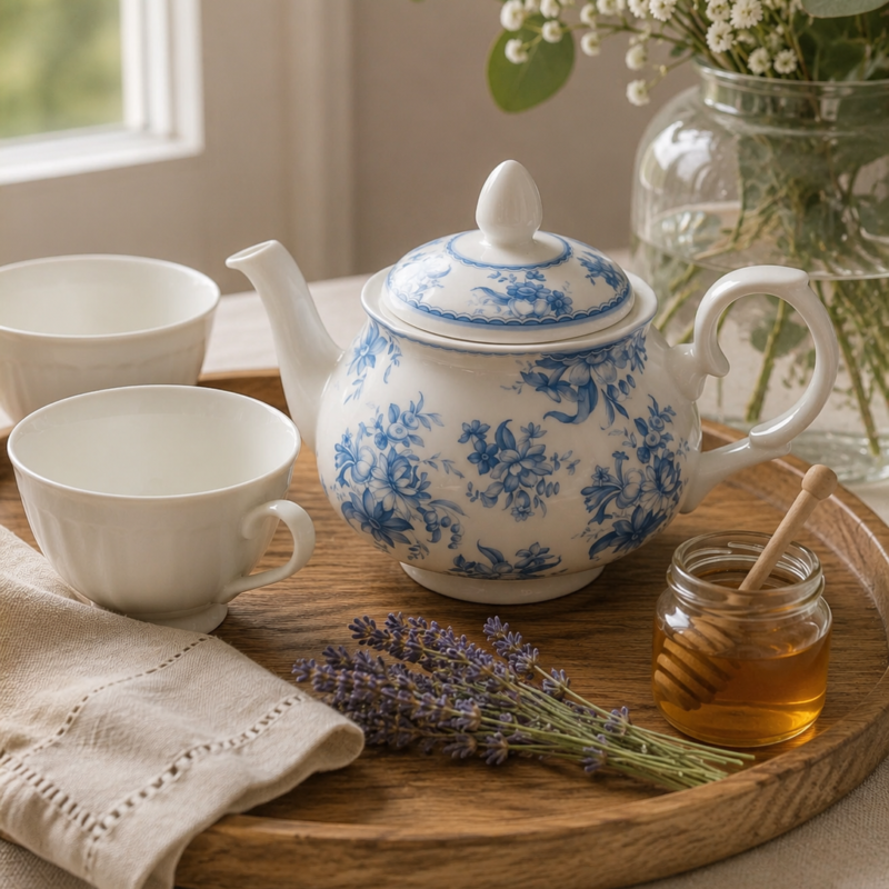Tetera inglesa Whittard of Chelsea Chatsford Fine Bone China de 13 cm, porcelana blanca con decoración floral azul, ideal para servir té, infusiones o agua caliente, estado nuevo.