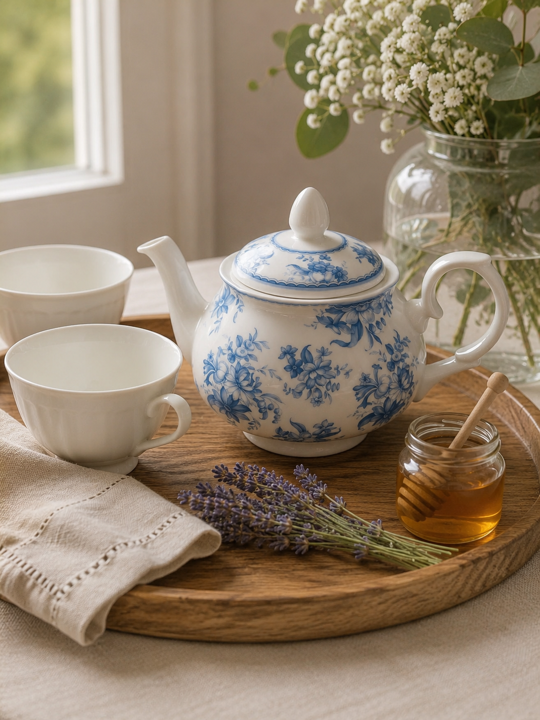 Tetera inglesa Whittard of Chelsea Chatsford Fine Bone China de 13 cm, porcelana blanca con decoración floral azul, ideal para servir té, infusiones o agua caliente, estado nuevo.