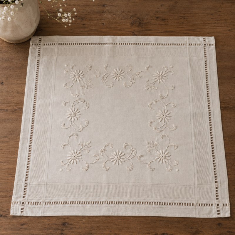 Vista cenital de una carpeta cuadrada color beige arena extendida, decorada con una corona central de motivos florales clásicos bordados en grueso relieve monocromático y rodeada por una ancha guarda geométrica deshilada.
