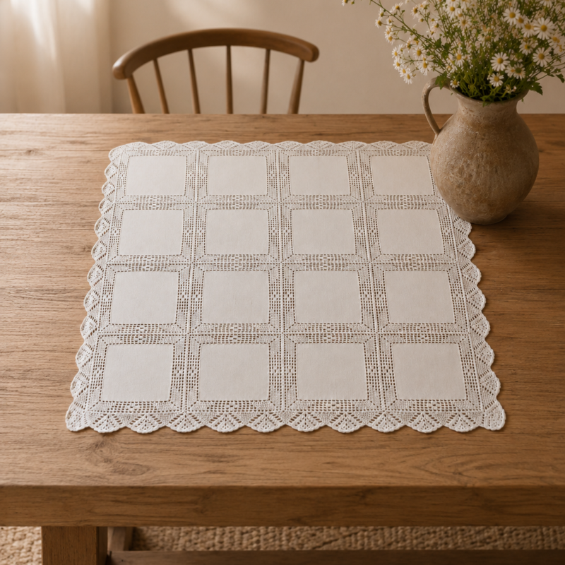 Vista cenital de una carpeta rectangular blanca europea doblada simétricamente en cuatro, que muestra cuadrantes de tela lisa unidos por un intrincado encaje de crochet y rodeados por un borde perimetral festoneado.