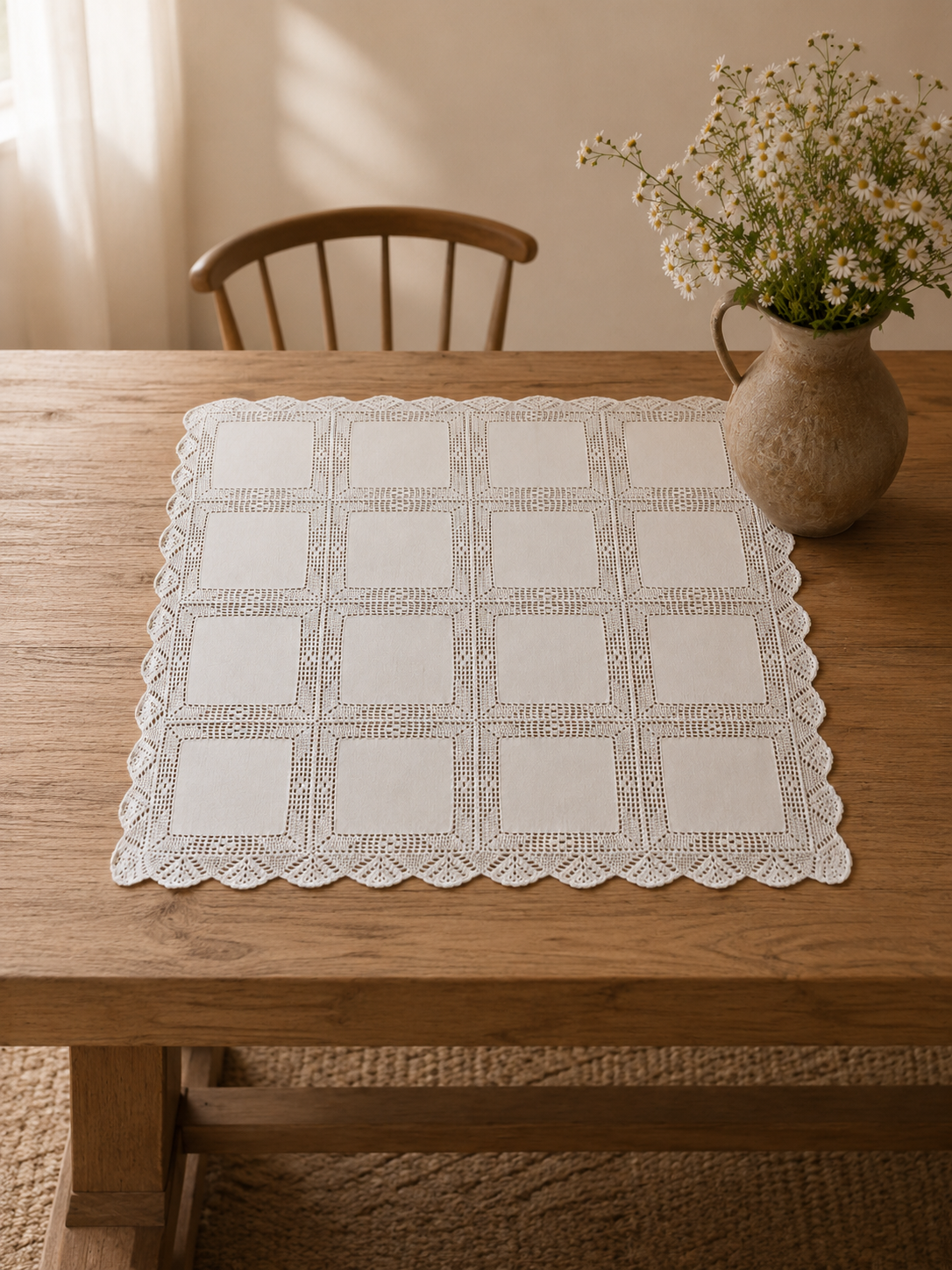 Vista cenital de una carpeta rectangular blanca europea doblada simétricamente en cuatro, que muestra cuadrantes de tela lisa unidos por un intrincado encaje de crochet y rodeados por un borde perimetral festoneado.