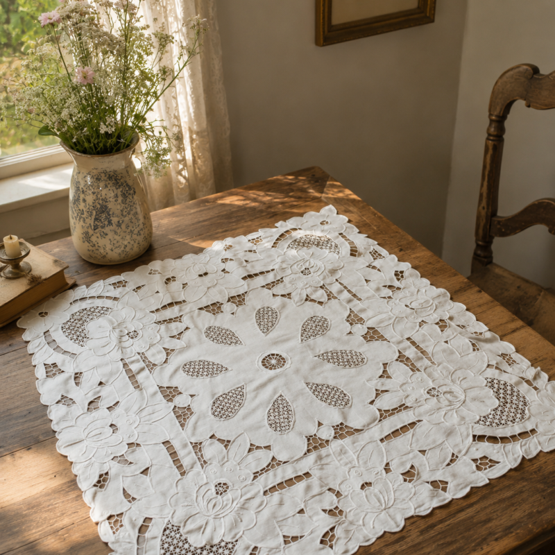 Vista cenital de una carpeta cuadrada blanca europea extendida, confeccionada con un profuso bordado artesanal Richelieu, un gran medallón central calado con aspecto de encaje y bordes festoneados con motivos de hojas y flores.