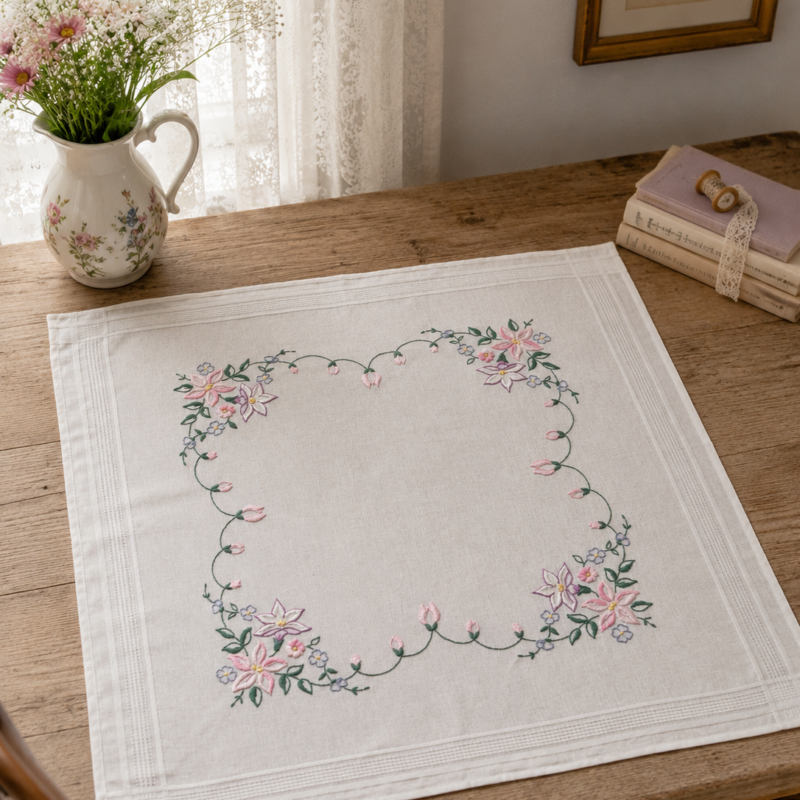 Vista cenital en perspectiva de una carpeta de mesa cuadrada de lino color crudo sobre una mesa de madera. Presenta una guirnalda cuadrangular continua bordada a mano con flores rosas y lilas, enmarcada por líneas deshiladas geométricas en el contorno.