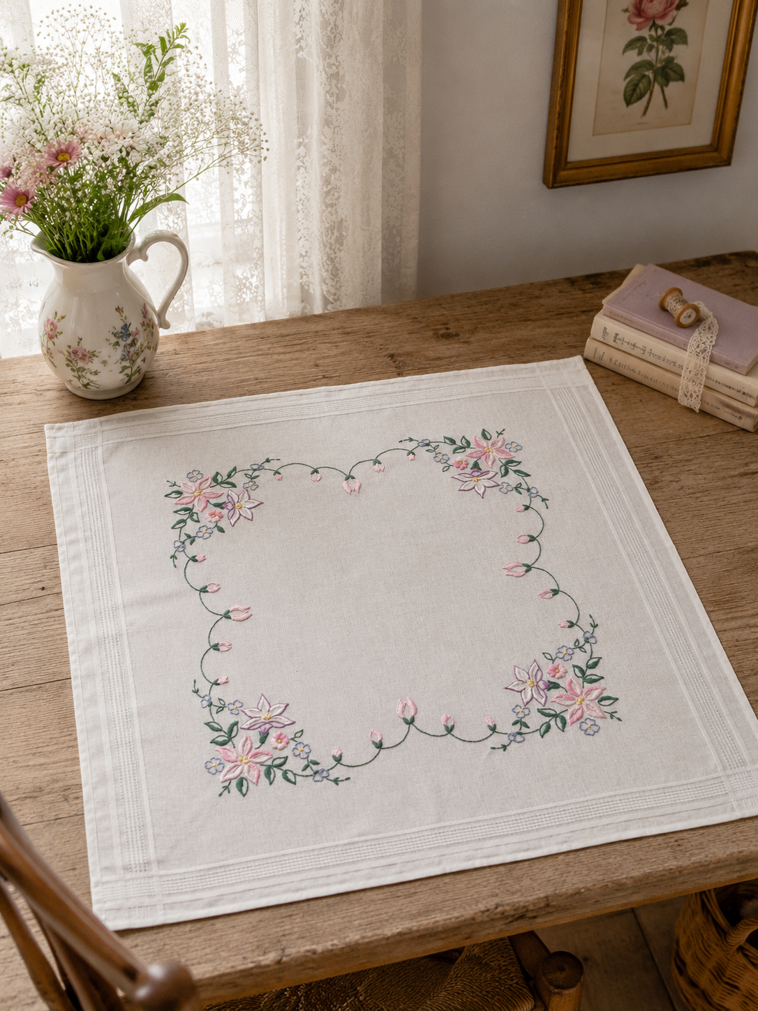 Vista cenital en perspectiva de una carpeta de mesa cuadrada de lino color crudo sobre una mesa de madera. Presenta una guirnalda cuadrangular continua bordada a mano con flores rosas y lilas, enmarcada por líneas deshiladas geométricas en el contorno.