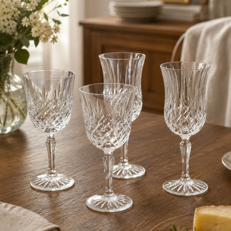 Copas vintage de cristal tallado sobre mesa de comedor con ambientación cálida y elegante para ocasiones especiales.
