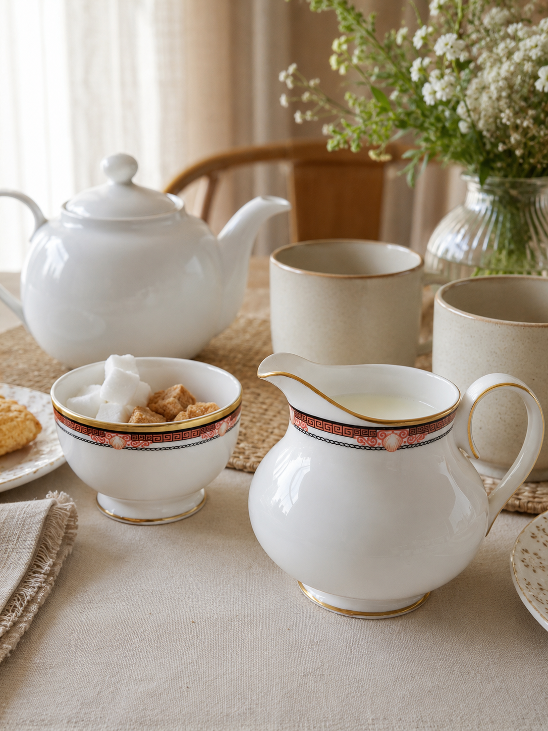 Set vintage de cremera y terronero Paragon Delphi para Debenhams en Fine Bone China inglesa, con decoración coral, negro y detalles dorados.