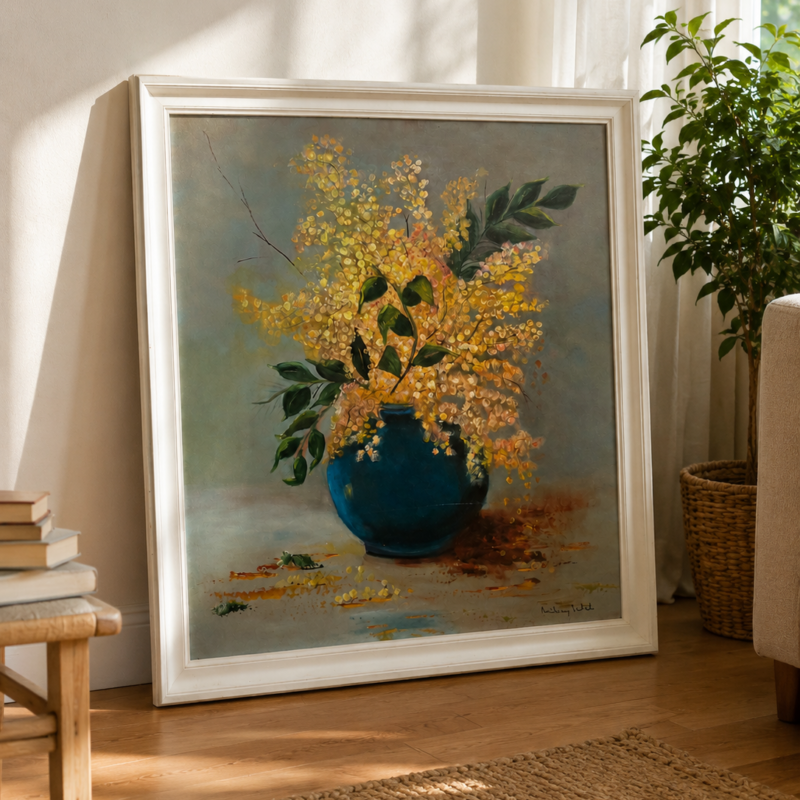 Óleo original sobre tela de artista local con arreglo floral en tonos dorados y rosados sobre un jarrón azul, enmarcado en marco blanco de madera.