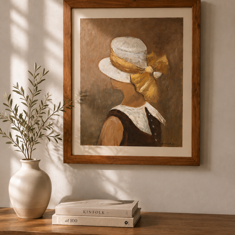 Óleo original sobre tela de artista local que representa a una mujer de espaldas con sombrero blanco y gran lazo amarillo, enmarcado en madera natural.
