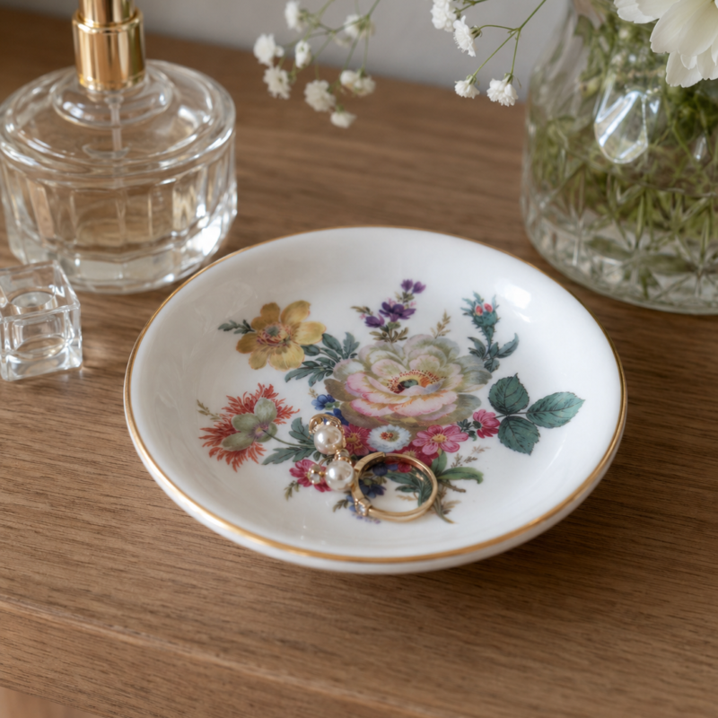 Despojador vintage Caverswall England de Fine Bone China inglesa con bouquet floral central, borde dorado y 10 cm de diámetro, estado nuevo.