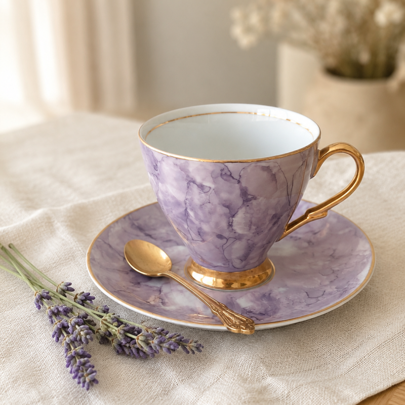 Dúo de té vintage Karolina fabricado en Polonia, elaborado en porcelana fina con acabado marmolado en tonos lavanda, filetes dorados y sello original, presentado sobre fondo de lino color crudo.