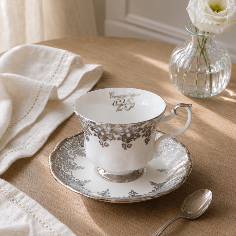 Vista frontal de un elegante dúo de té de porcelana fina inglesa Royal Albert modelo 25th Anniversary sobre un paño beige. Muestra una taza y plato blancos con un relieve ondulado, decorados con una ancha guarda perimetral plateada en filigrana, asa y base de platino brillante, y la frase manuscrita "Congratulations 25th Anniversary" en el interior de la taza.