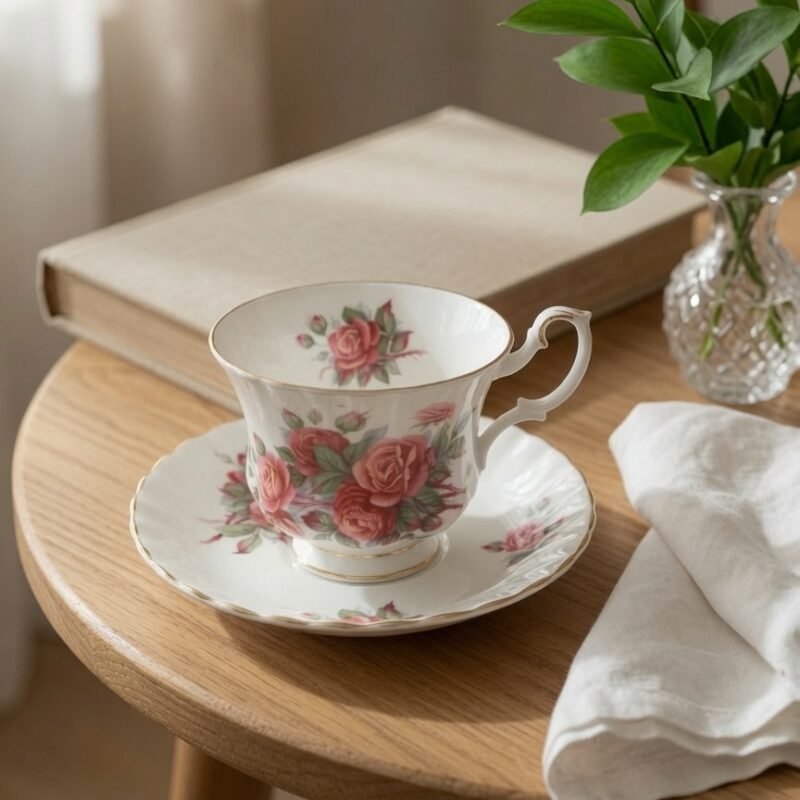 Dúo de té Royal Albert Fine Bone China con decoración de rosas en tonos coral y rosado sobre porcelana blanca con delicados detalles dorados.