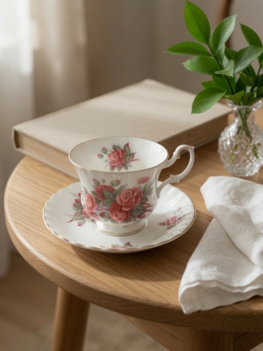 Dúo de té Royal Albert Fine Bone China con decoración de rosas en tonos coral y rosado sobre porcelana blanca con delicados detalles dorados.