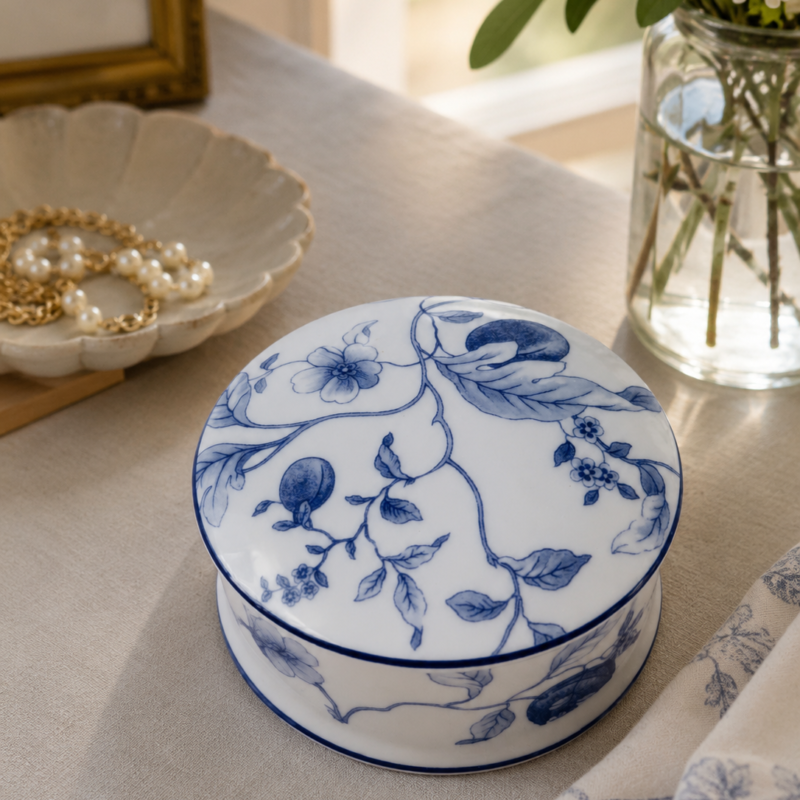 Joyero vintage Wedgwood Blue Plum de Bone China inglesa, con tapa, decoración botánica azul cobalto, fabricado en Inglaterra en 1995.