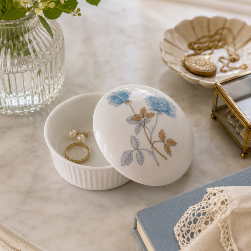 Joyero vintage Wedgwood Ice Rose de Fine Bone China inglesa, 11 cm de diámetro, porcelana blanca con decoración de rosas celestes y tapa, estado nuevo.