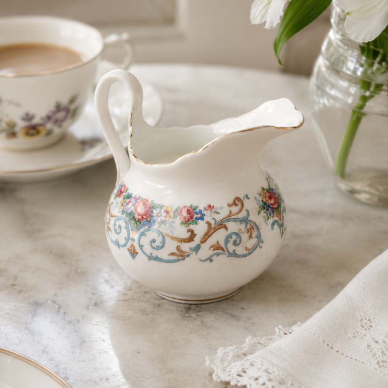 Vista de perfil lateral de una lechera vintage de porcelana fina blanca de la marca inglesa Tuscan. Se observa su cuerpo redondeado decorado con guirnaldas florales de rosas y volutas azul celeste, un pico vertedor pronunciado, borde festoneado con filo de oro y un asa alta blanca, posada sobre un fondo neutro de tela rústica.