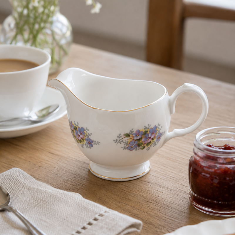 Lechero vintage Royal Kent Bone China de porcelana inglesa blanca con delicada decoración floral en tonos lavanda y finos detalles dorados, fabricado en Staffordshire, Inglaterra.