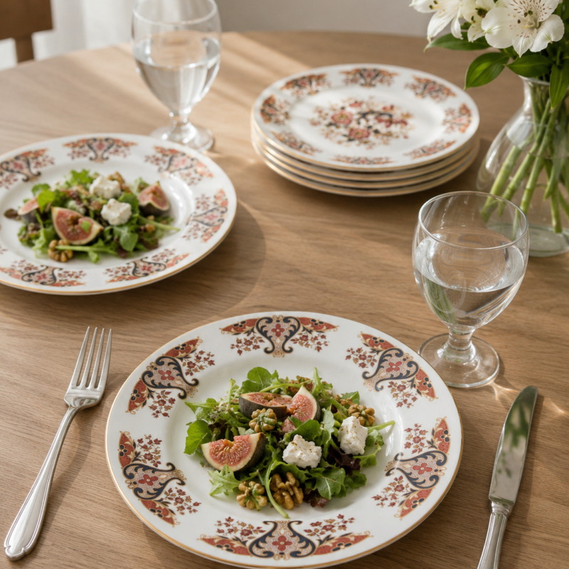 Set de cuatro platos de ensalada Colclough Royale Fine Bone China inglesa con decoración floral clásica en tonos azul, terracota y detalles dorados.