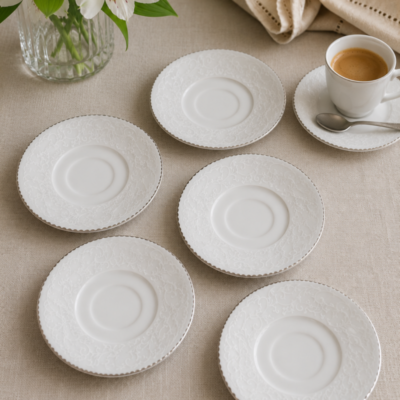 Set de seis platos de pan de porcelana alemana PT Bavaria Art & Style, color marfil con relieve en blanco y delicado borde dorado, fotografiados apilados sobre lino color crudo.