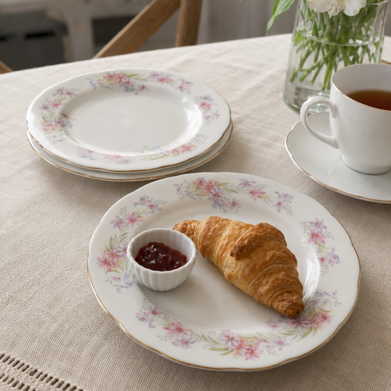 Set de tres platos de pan vintage Duchess Bone China Riversong, porcelana inglesa con delicado diseño floral en tonos rosados, lilas y verdes, borde dorado y excelente estado.