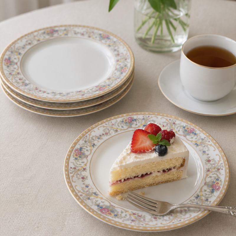 Set de cuatro platos de postre vintage Eschenbach Bavaria de porcelana alemana, con delicado diseño floral en tonos rosa, azul y dorado, en excelente estado.