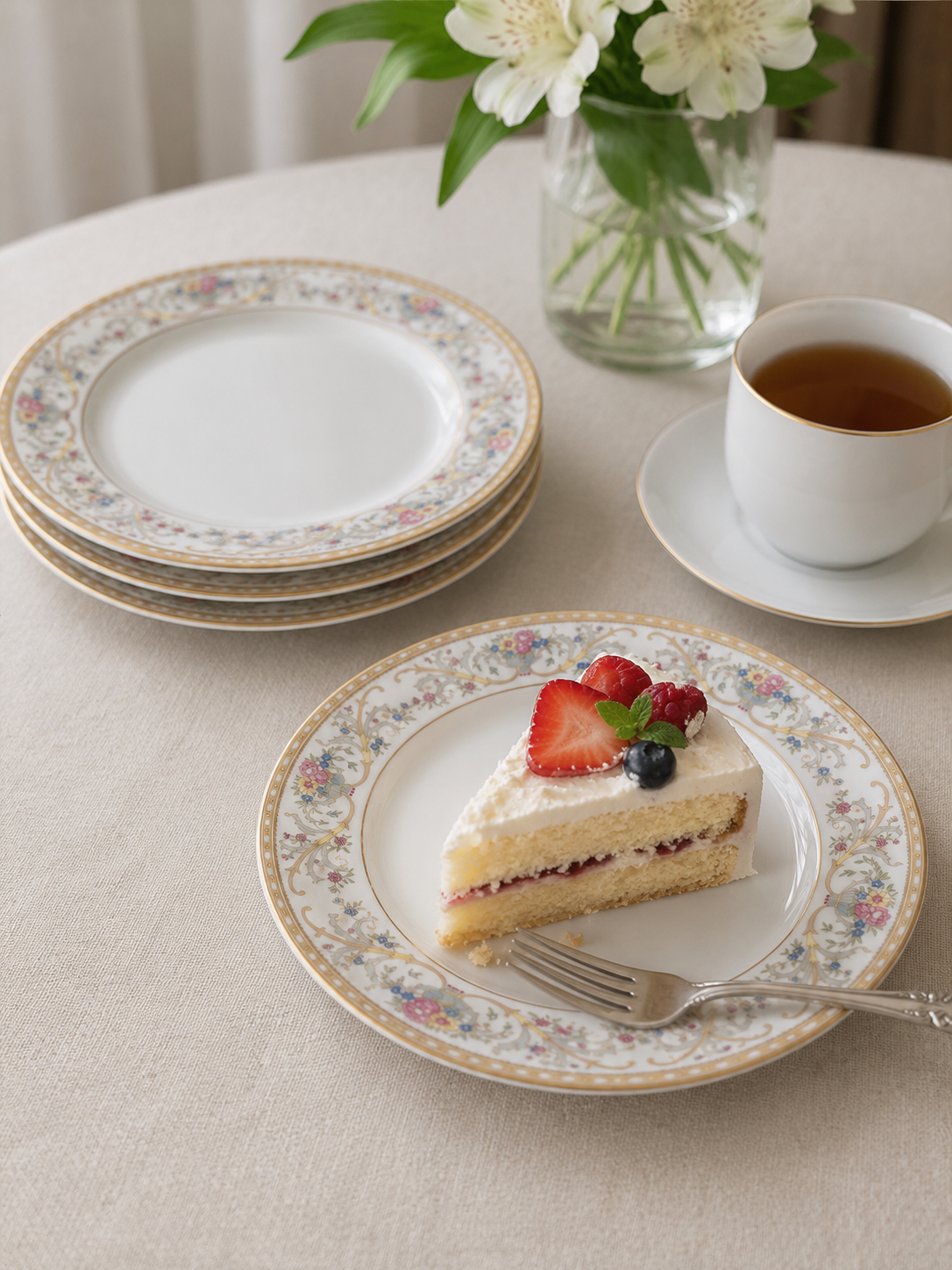 Set de cuatro platos de postre vintage Eschenbach Bavaria de porcelana alemana, con delicado diseño floral en tonos rosa, azul y dorado, en excelente estado.