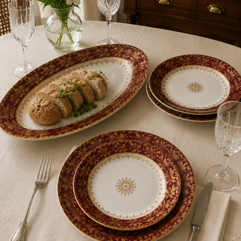 Set para servir vintage J&G Meakin Golden Court de porcelana inglesa con fuente ovalada y platos de entrada.