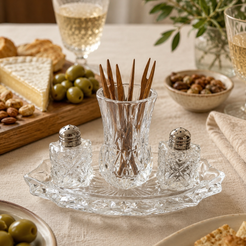 Set vintage de vidrio tallado presentado sobre una mesa de aperitivos con una ambientación elegante y acogedora.
