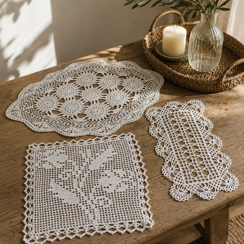 Set de tres tapetes decorativos tejidos a crochet artesanal en color crudo, con diseños ovalado, cuadrado y rectangular, ideales para decorar mesas, cómodas y muebles del hogar.