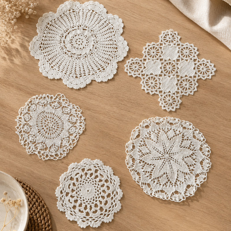 Set de cinco tapetes decorativos tejidos a crochet artesanal en color crudo, con diferentes diseños y tamaños, ideales para decorar mesas, cómodas y muebles del hogar.