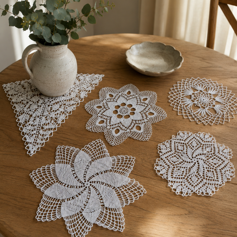 Set de cinco tapetes decorativos tejidos a crochet artesanal en color crudo, con diferentes diseños y tamaños, ideales para decorar mesas, cómodas y muebles del hogar.