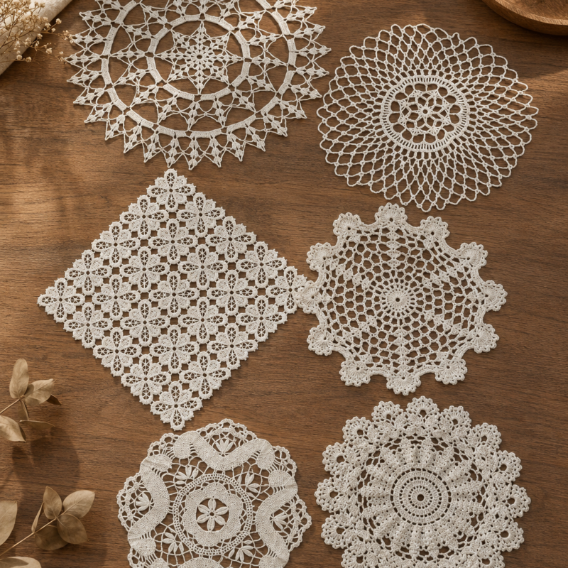 Set de seis tapetes decorativos tejidos a crochet artesanal en color blanco, con diseños circulares calados y diferentes tamaños, ideales para decorar mesas y muebles del hogar.