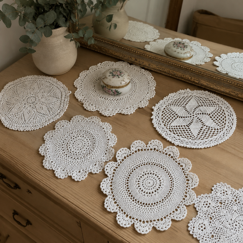 Set de siete tapetes decorativos tejidos a crochet artesanal en color crudo, con diferentes diseños circulares y florales, ideales para decoración de mesas y muebles.