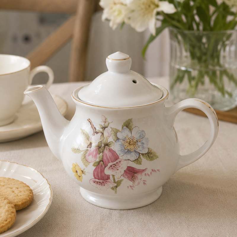 Tetera vintage individual de porcelana blanca con decoración floral en tonos pastel y delicados detalles dorados, ideal para servir té y decorar una mesa de estilo clásico.