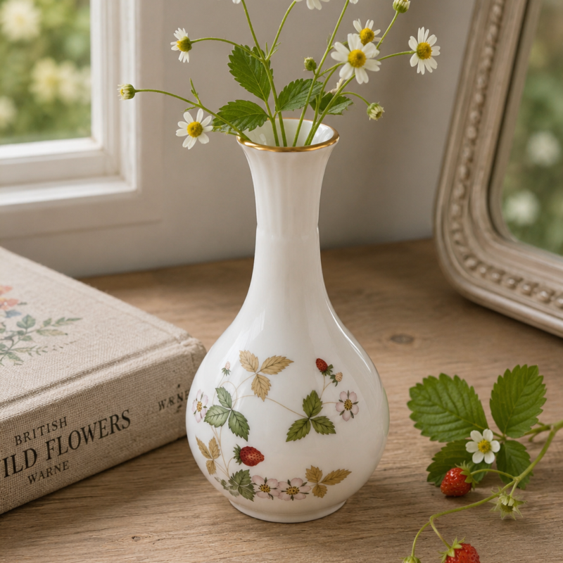 Violetero Wedgwood Wild Strawberry de Fine Bone China inglesa, 13 cm de altura, porcelana blanca con decoración botánica de fresas silvestres y borde dorado, estado nuevo.