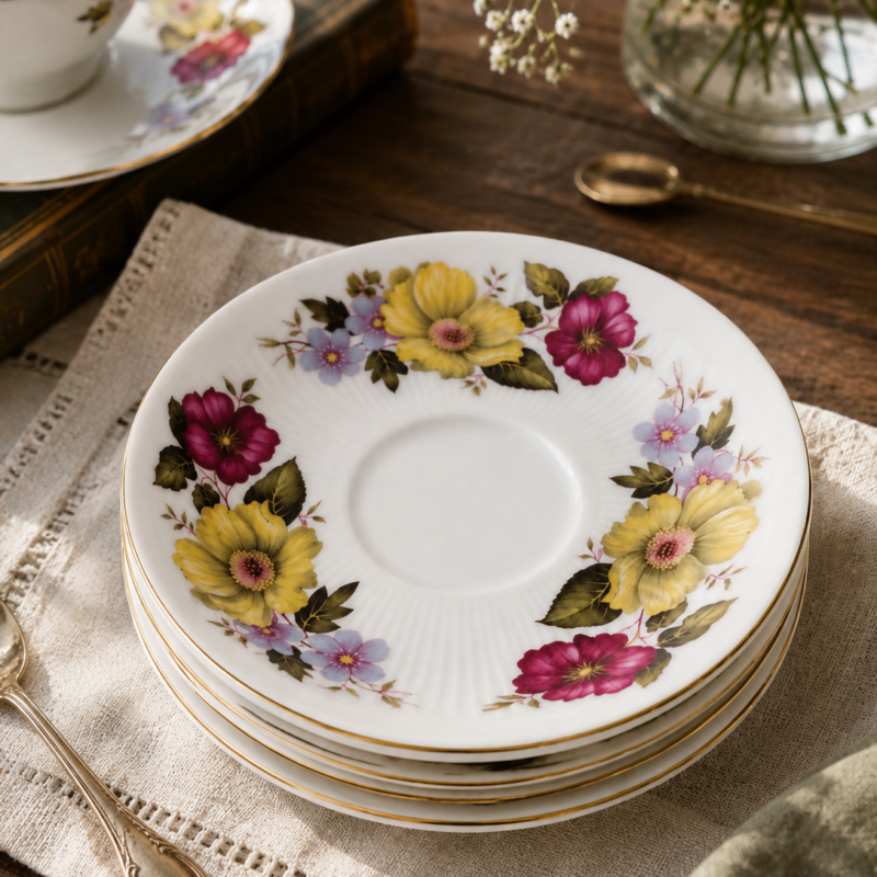 Set de cuatro platos de té vintage Crown Fenton Fine English China con decoración floral multicolor y borde dorado sobre porcelana inglesa.