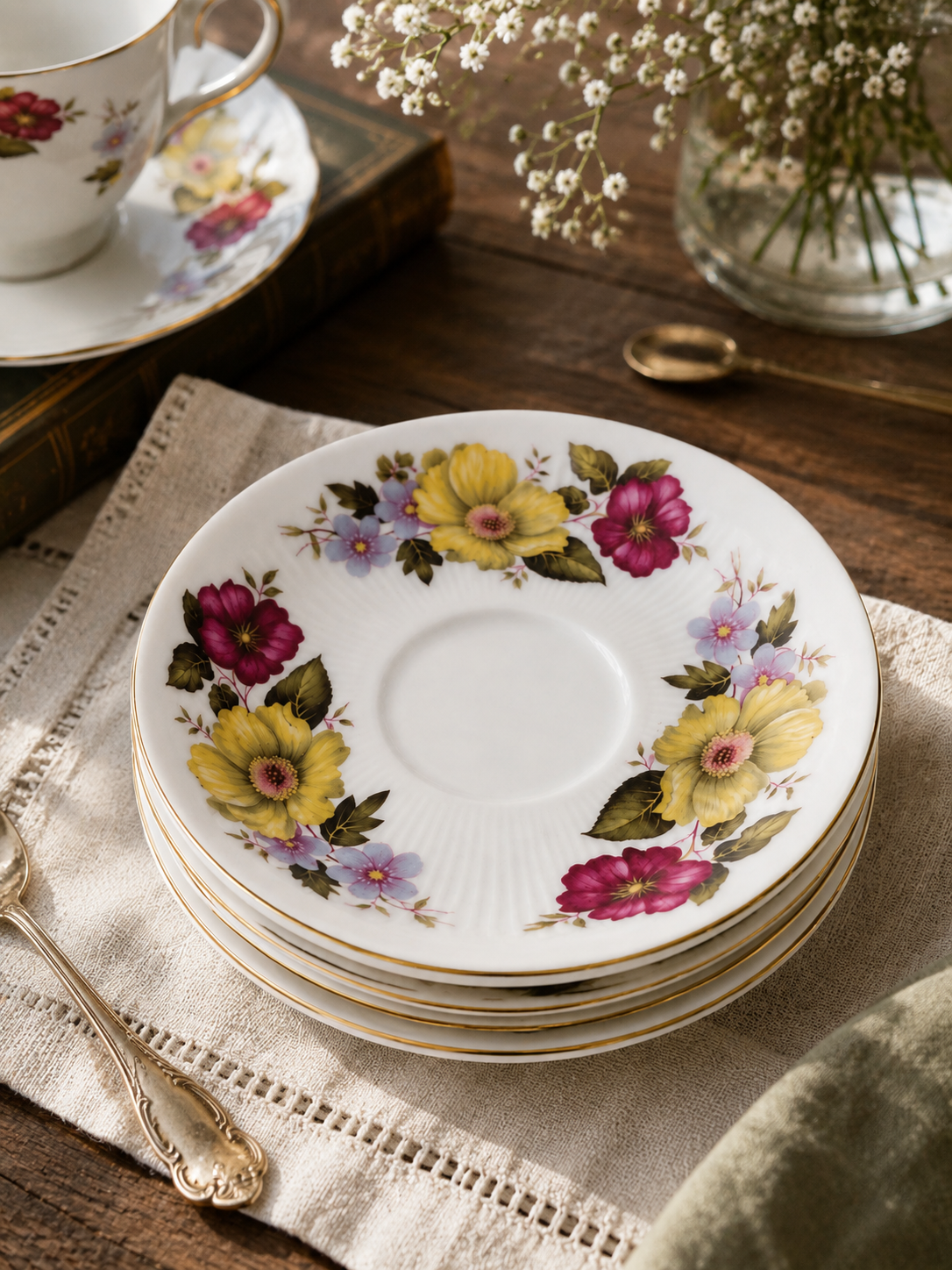 Set de cuatro platos de té vintage Crown Fenton Fine English China con decoración floral multicolor y borde dorado sobre porcelana inglesa.