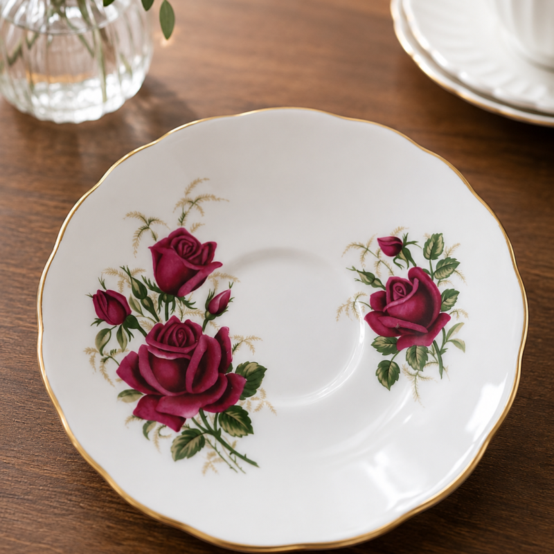 Plato de té vintage de Bone China inglesa de 14 cm con decoración de rosas burdeos, capullos florales y borde dorado en excelente estado.