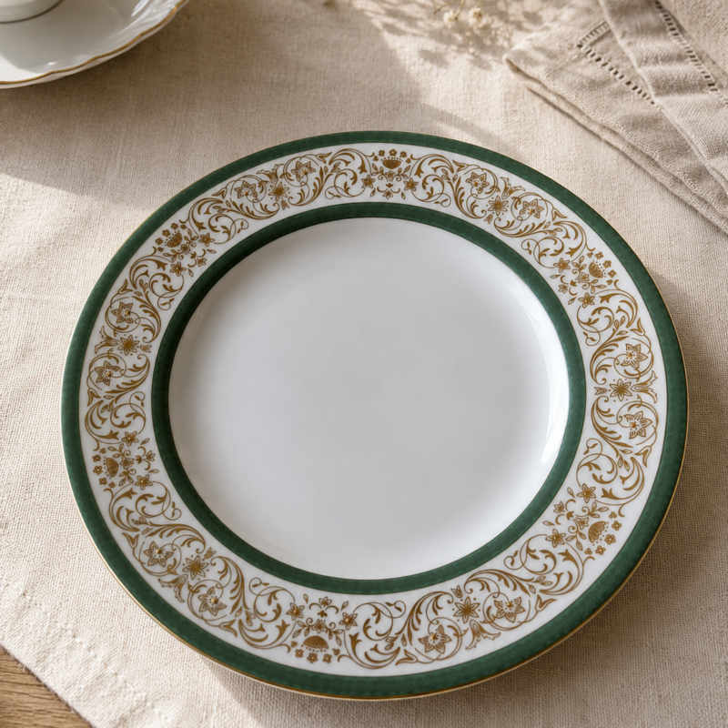 Plato de té vintage Minton Aragon de Fine Bone China inglesa, 16,5 cm, con borde verde y delicados arabescos dorados, en excelente estado.