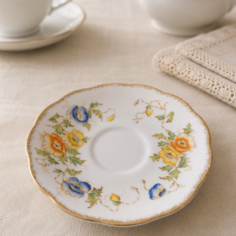 Plato de té Royal Albert Crown China de porcelana inglesa con borde festoneado dorado y delicado diseño floral en tonos azul, amarillo y naranja.