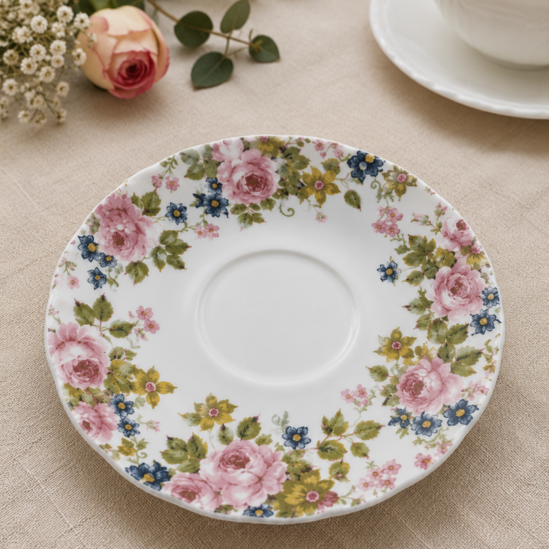 Plato de té vintage Sadler Wellington Fine Bone China de 14,5 cm con decoración floral en tonos rosados, azules y amarillos, fabricado en Inglaterra.